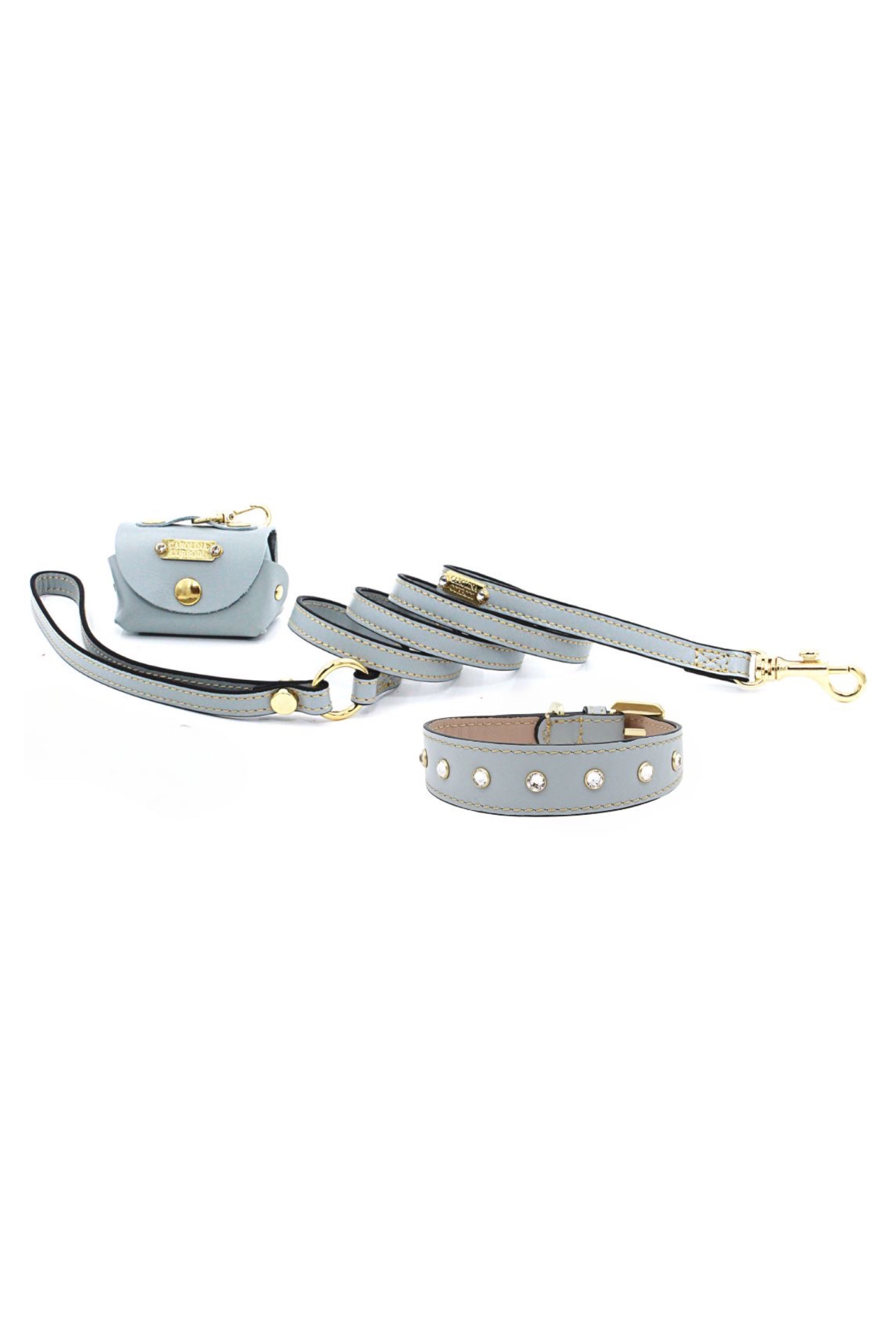 Kotbeutelspender, Leine & Halsband hellblau mit Strasssteinen