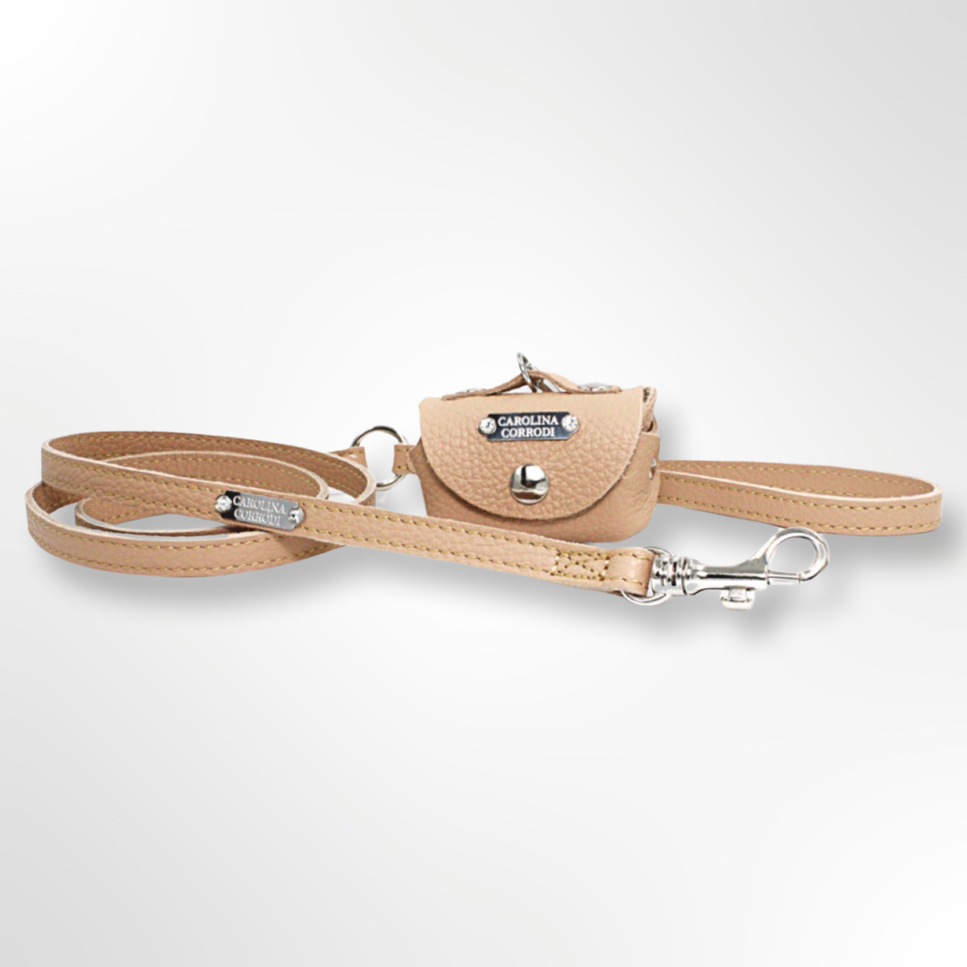 Hundeleine + Kotbeutelspender Leder champagne