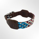 Hundehalsband aus Leder mit geknüpften Details hellblau-weiss-rot