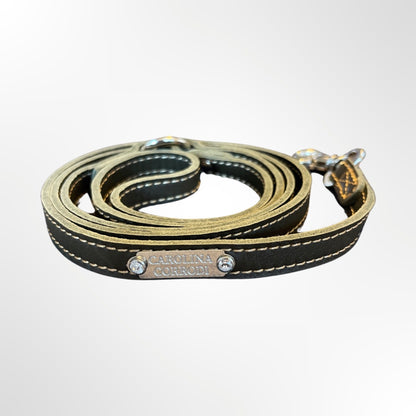 Dog leash leather with crystals black