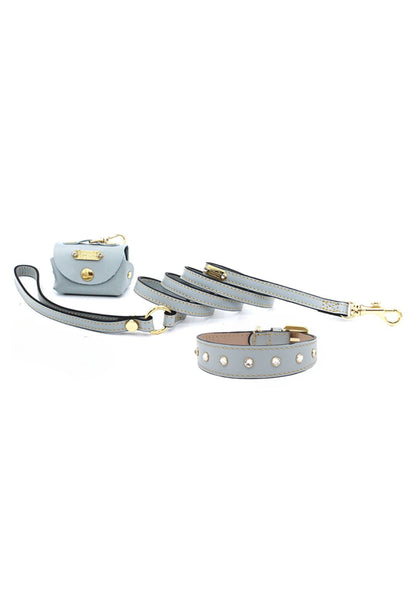 Kotbeutelspender, Leine &amp; Halsband hellblau mit Strasssteinen