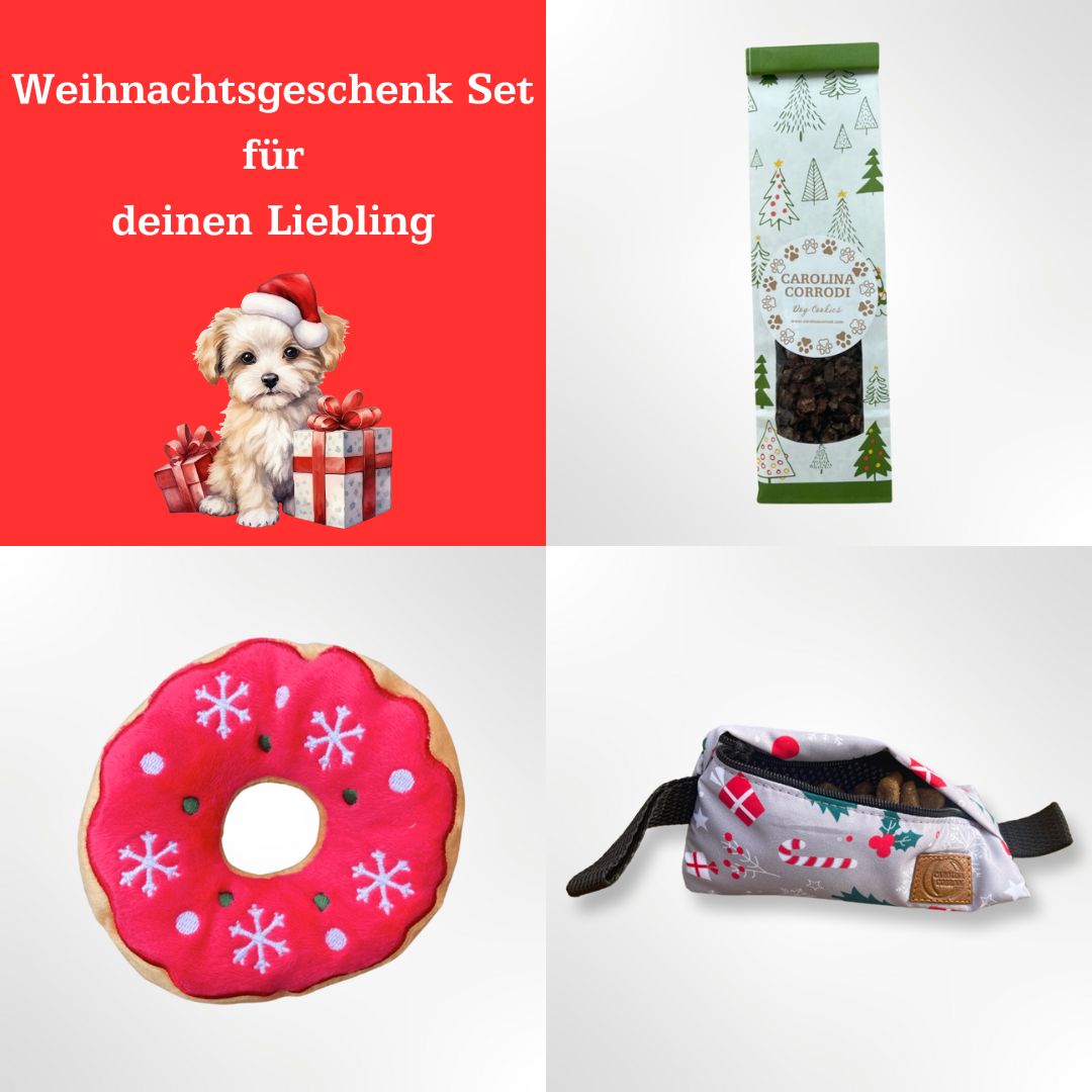 Hundeweihnachtsset (Hundeleckerli, Leckerli-Dummybeutel, Weihnachtsspielzeug)