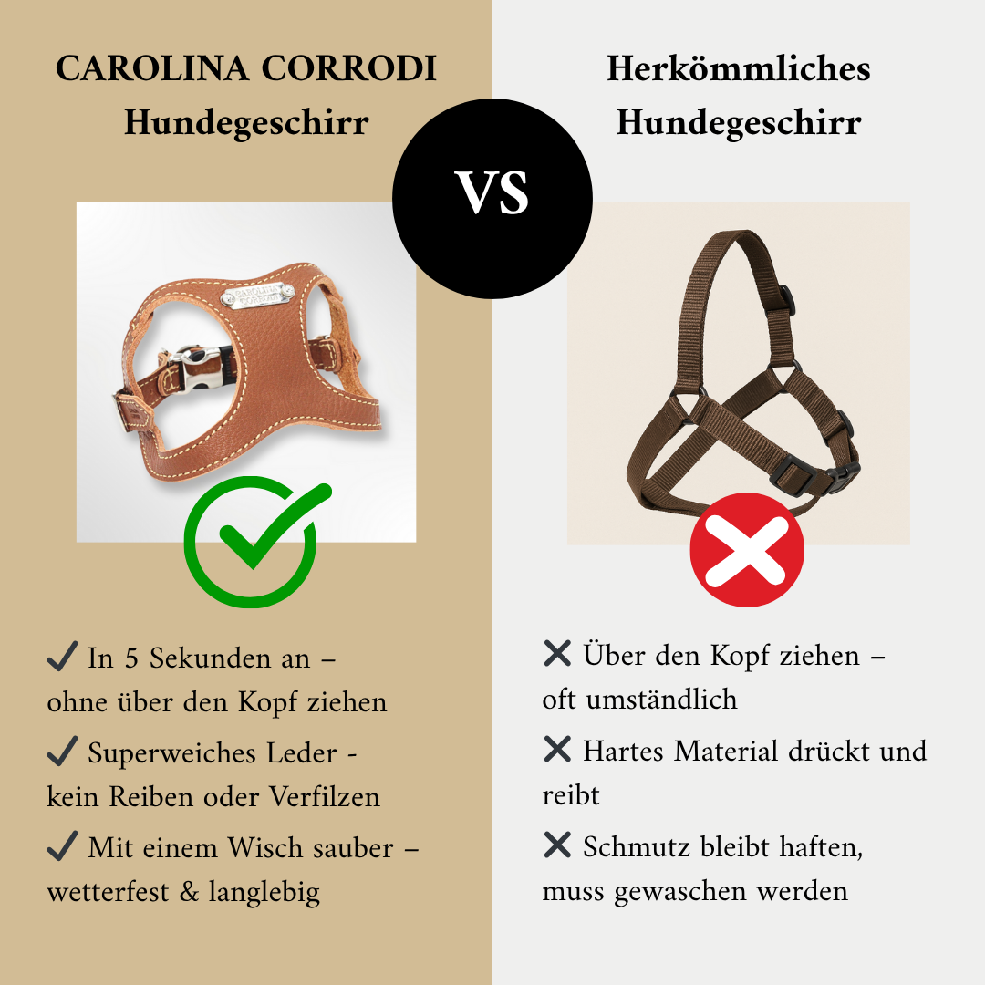 Vergleich unser Step-In Ledergeschirr und herömmliches Geschirr