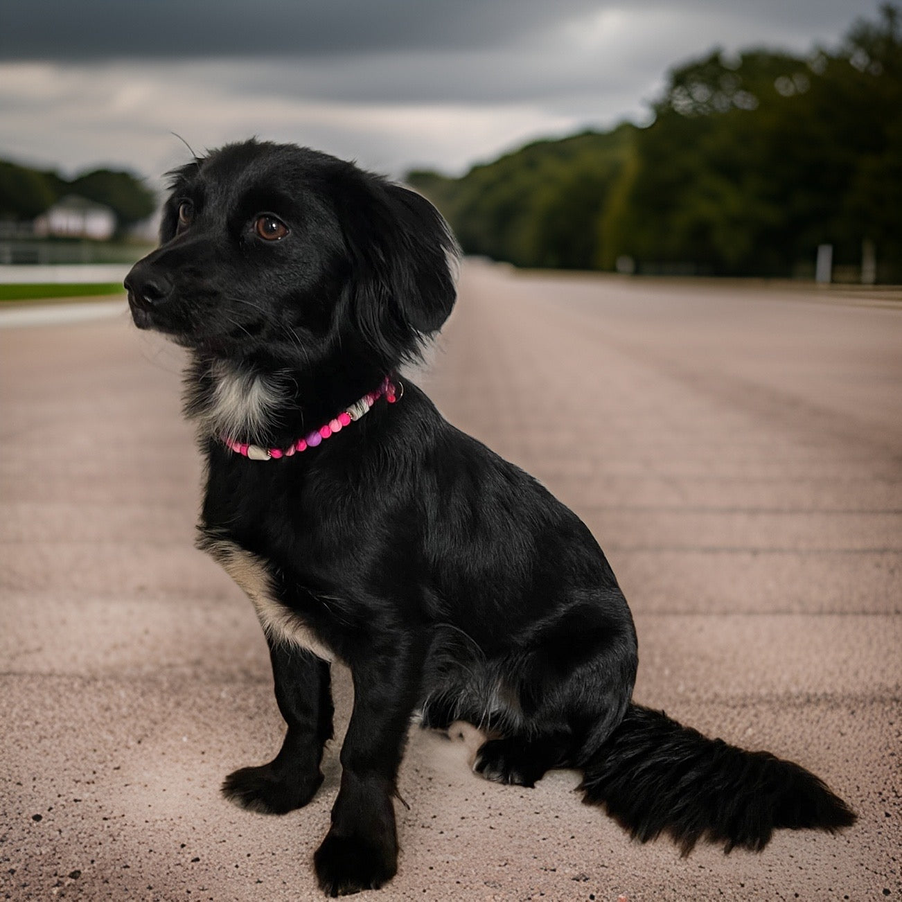 schwarzer Hund mit pinker EM-Zeckenkette