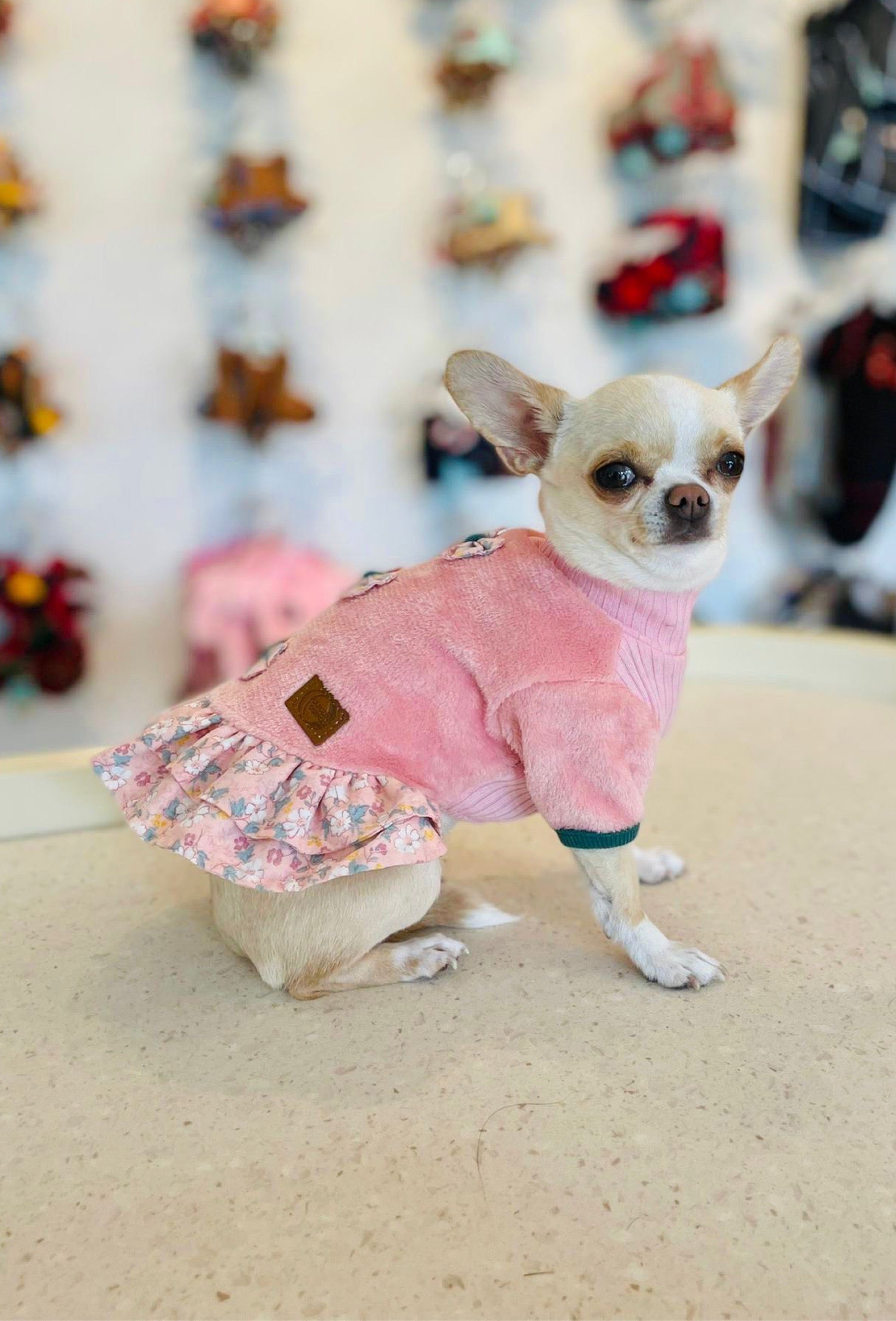 Hundepullover-Kleid rosa mit Blümchen